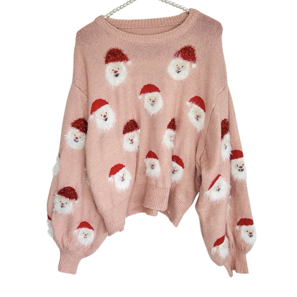 Women's Pink Santa Face Holiday Sweater